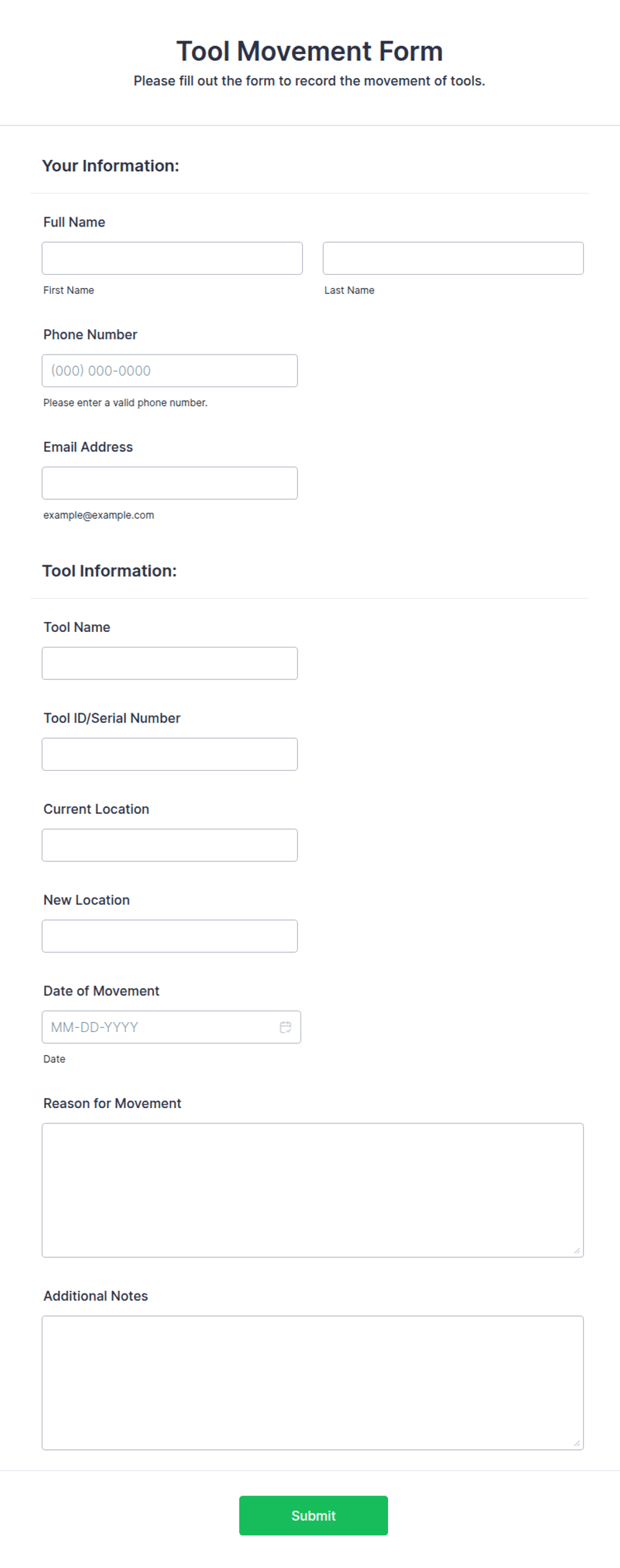 Movement Form Example Tool Movement Form Template | Jotform
