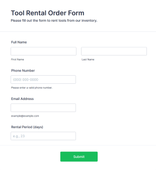Tool Rental Order Form Template