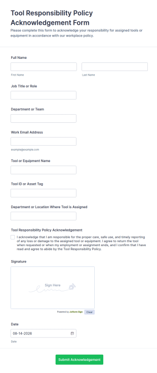 Tool Responsibility Policy Acknowledgement Form Template