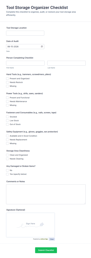 Tool Storage Organizer Checklist Form Template