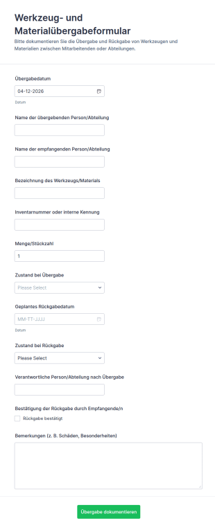 Tool Und Materialübertragungsformular