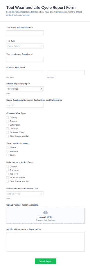 Tool Wear And Life Cycle Report Form Template