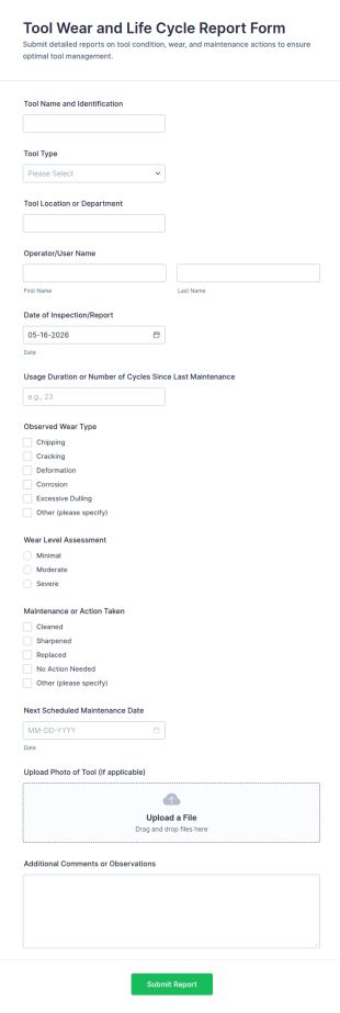 Tool Wear And Life Cycle Report Form Template