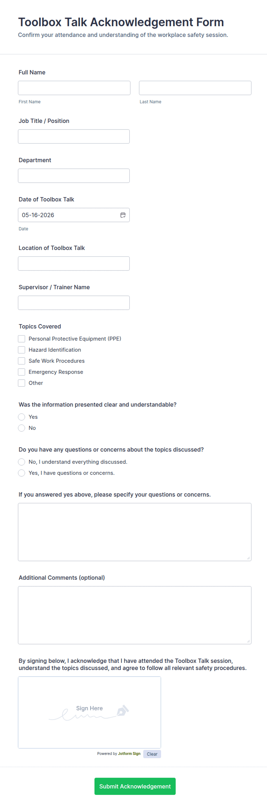 Toolbox Talk Acknowledgement Form Template | Jotform