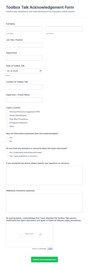 Toolbox Talk Acknowledgement Form Template