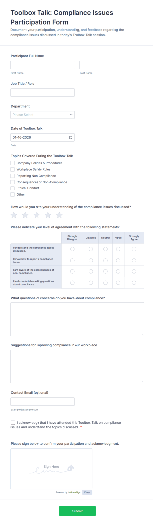 Toolbox Talk: Compliance Issues Participation Form Template