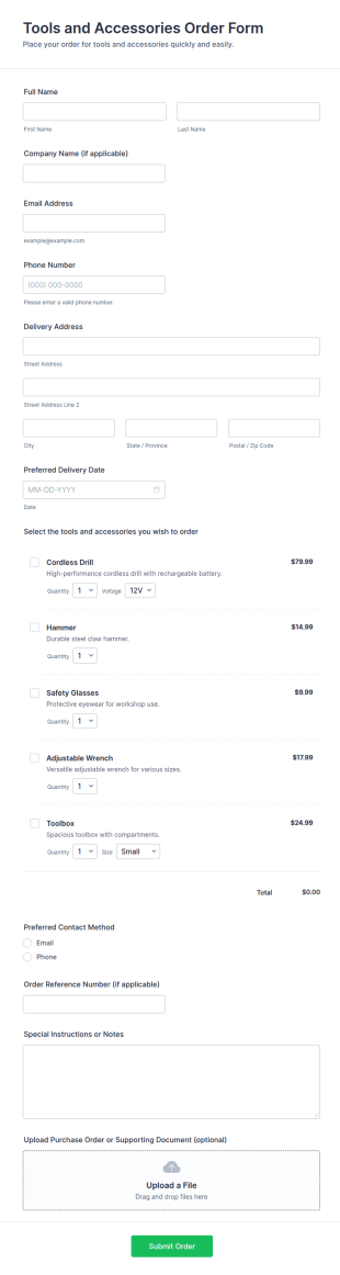 Tools And Accessories Order Form Template