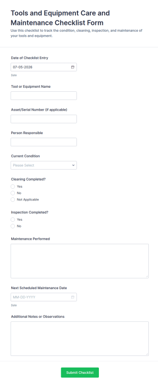 Tools And Equipment Care And Maintenance Checklist Form Template