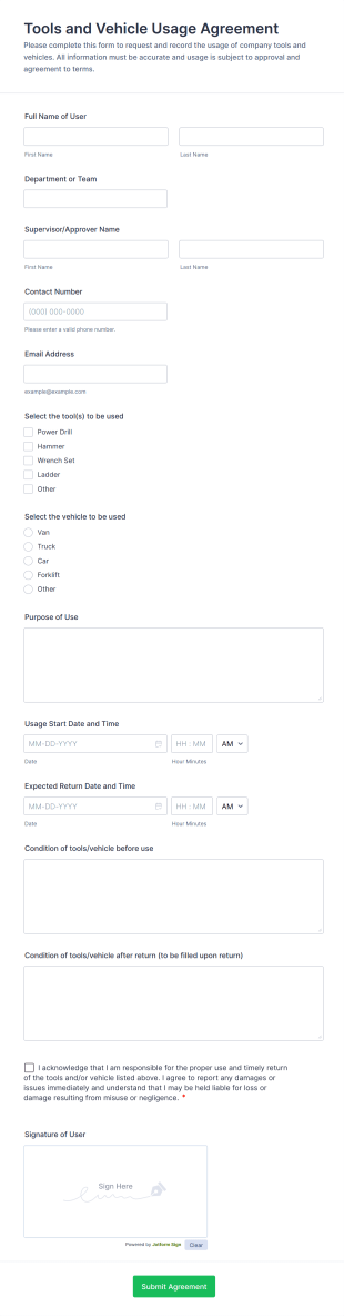 Tools And Vehicle Usage Agreement Form Template