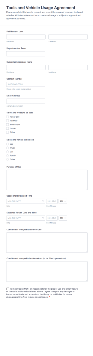 Tools And Vehicle Usage Agreement Form Template
