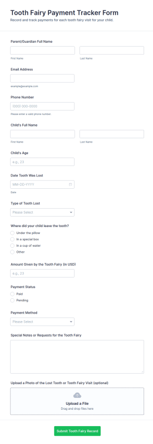 Tooth Fairy Payment Tracker Form Template
