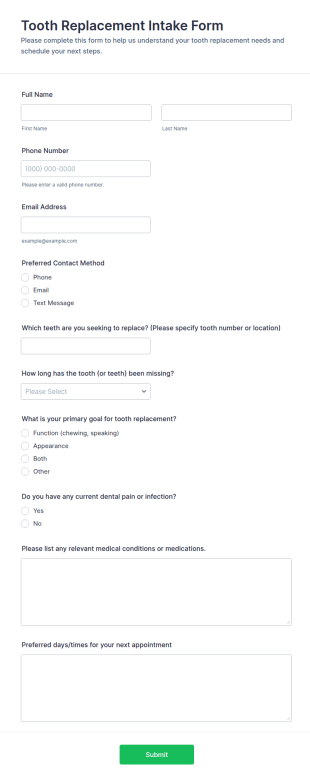 Tooth Replacement Intake Form Template