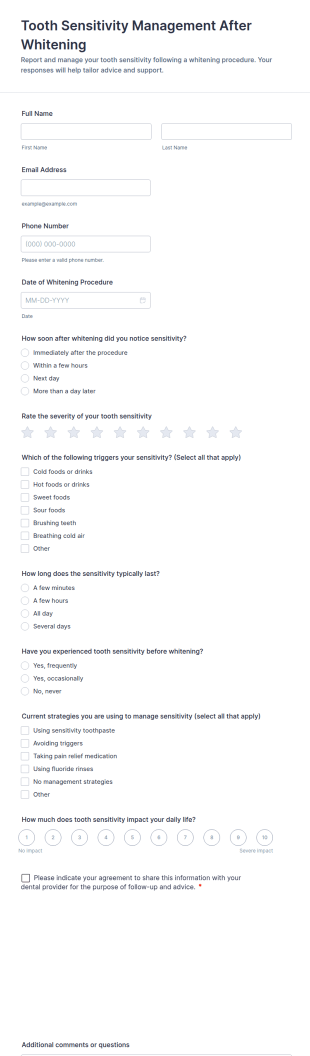 Tooth Sensitivity Management After Whitening Form Template