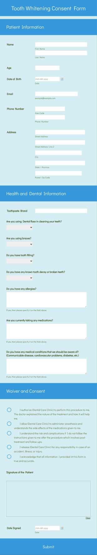 Tooth Whitening Consent Form Template