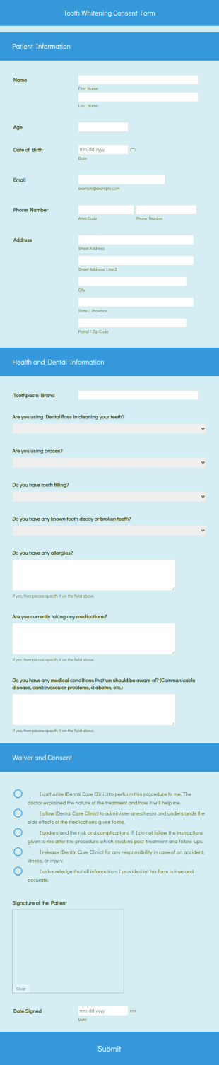 Tooth Whitening Consent Form Template