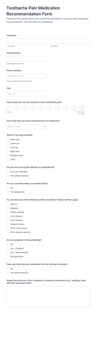Toothache Pain Medication Recommendation Form Template