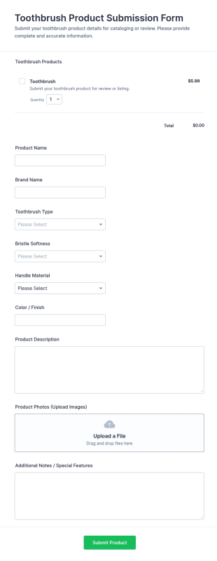 Toothbrush Product Submission Form Template