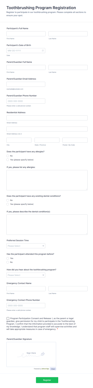 Toothbrushing Program Registration Form Template