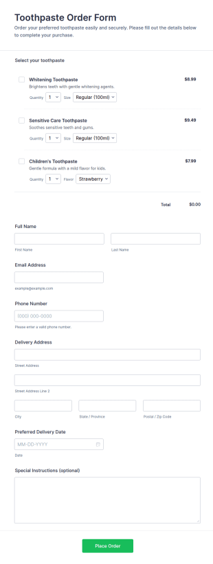 Toothpaste Order Form Template