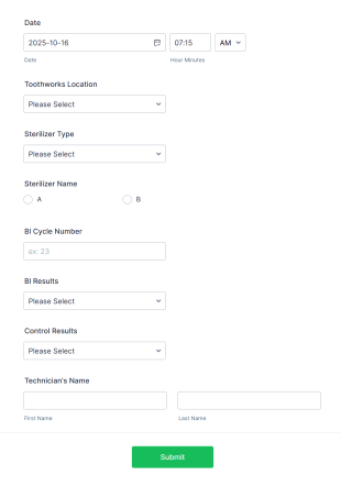 Toothworks Biological Indicator Monitor Log Form Template