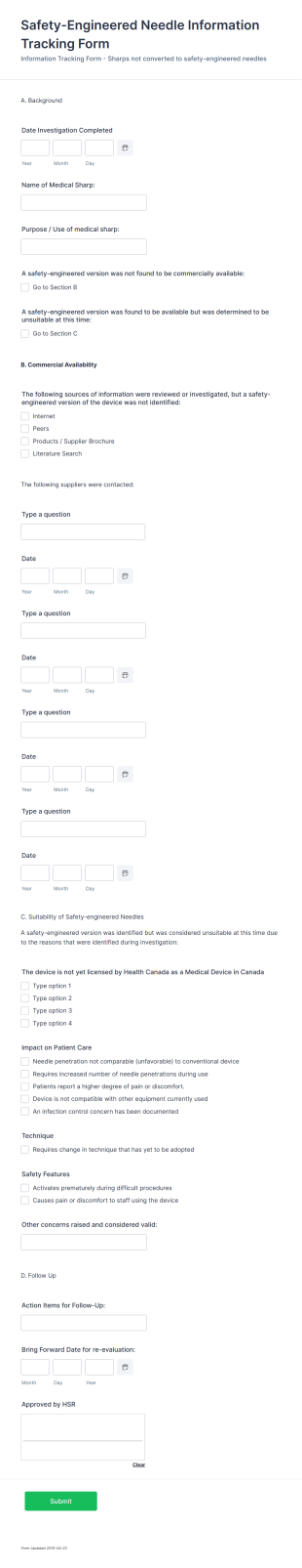 Safety Engineered Needle Information Tracking Form Template