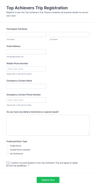 Top Achievers Trip Registration Form Template