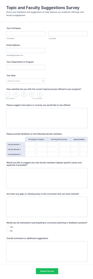 Topic And Faculty Suggestions Survey Form Template