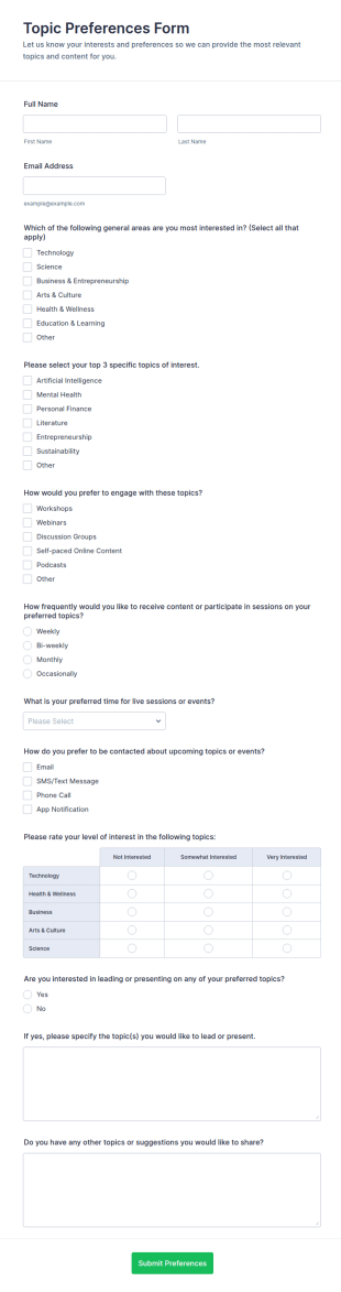 Topic Preferences Form Template