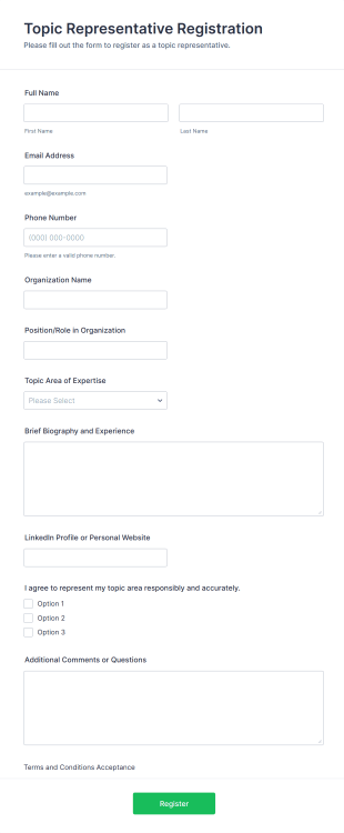 Topic Representative Registration Form Template