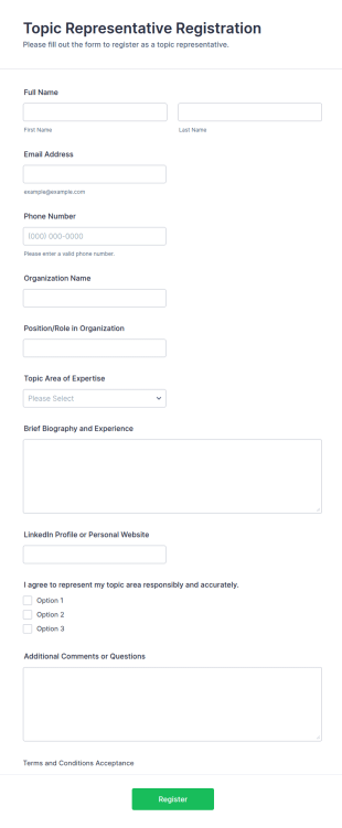 Topic Representative Registration Form Template