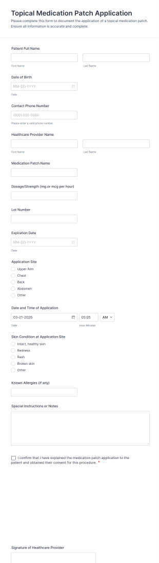Topical Medication Patch Application Form Template