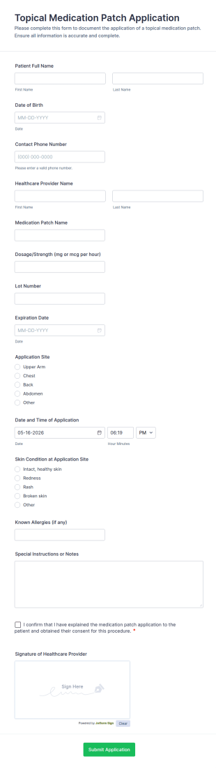 Topical Medication Patch Application Form Template