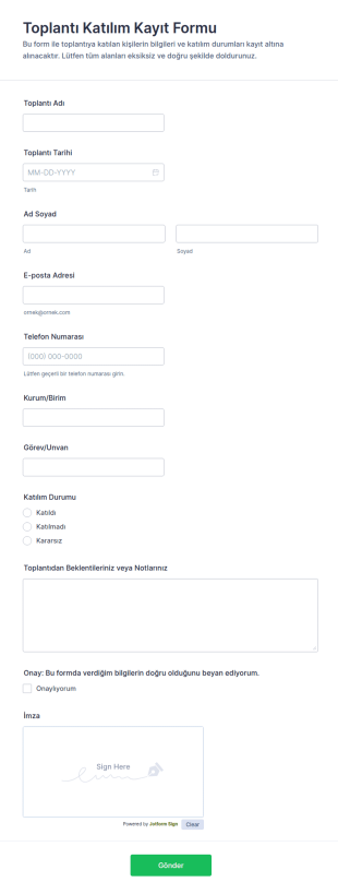 Toplantı Katılım Kaydı Form Şablonu