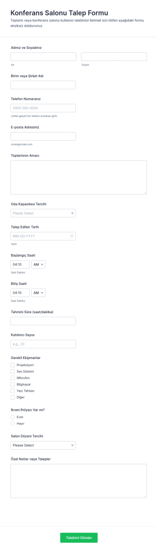 Toplantı Odası Talep Form Şablonu