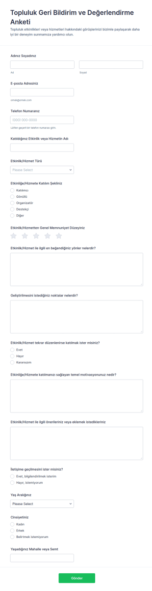 Topluluk Geri Bildirim Ve Değerlendirme Anketi Form Şablonu