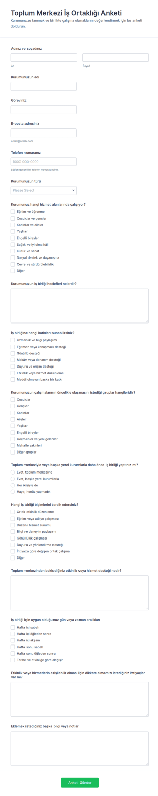 Topluluk Merkezi İş Ortağı Anketi Form Şablonu