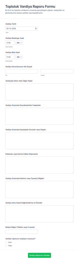 Topluluk Vardiya Raporu Form Şablonu