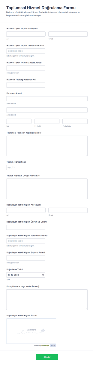 Toplumsal Hizmet Doğrulama Form Şablonu