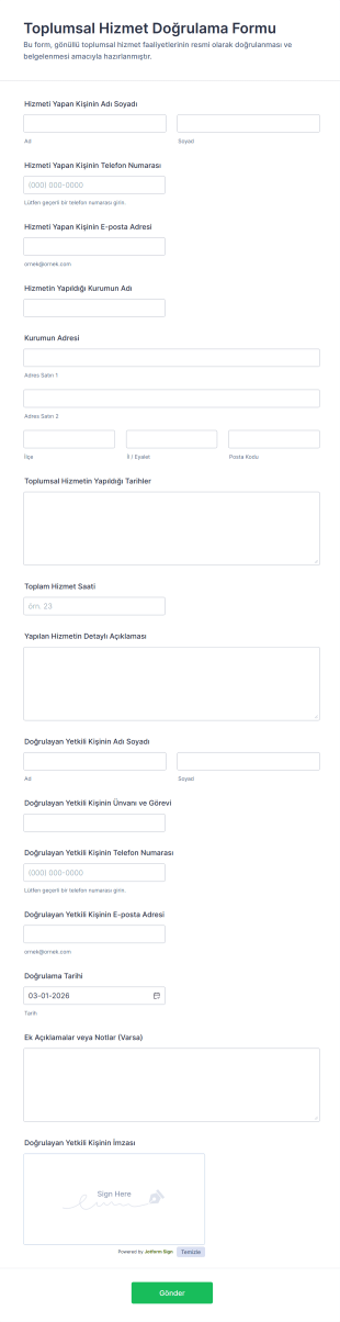 Toplumsal Hizmet Doğrulama Form Şablonu