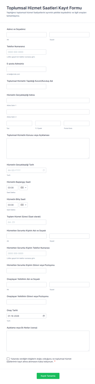 Toplumsal Hizmet Saatleri Kayıt Form Template