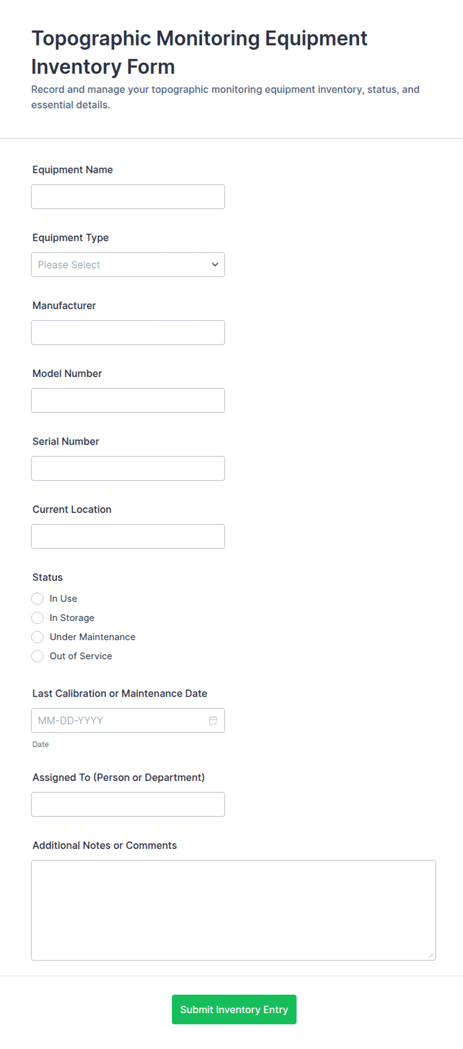 Topographic Monitoring Equipment Inventory Form Template | Jotform