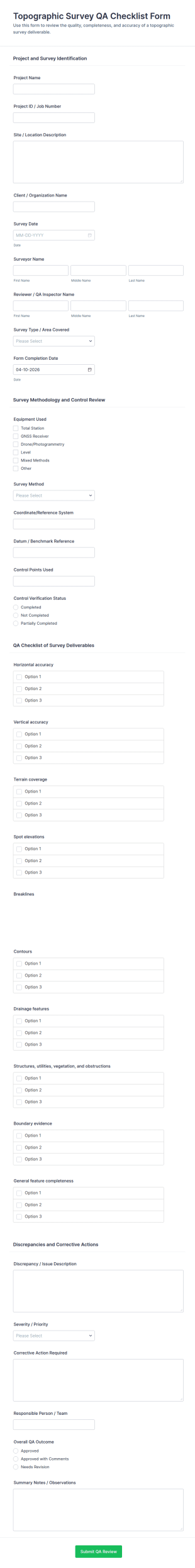 Topographic Survey QA Checklist Form Template