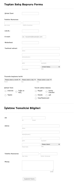 Toptan Satış Başvuru Form Template
