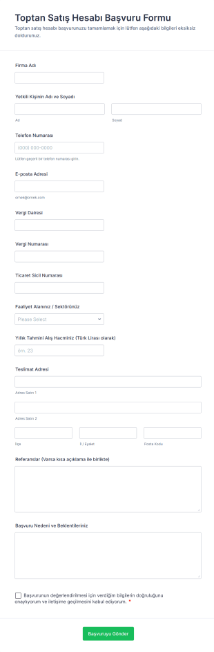 Toptan Satış Hesabı Başvuru Form Şablonu