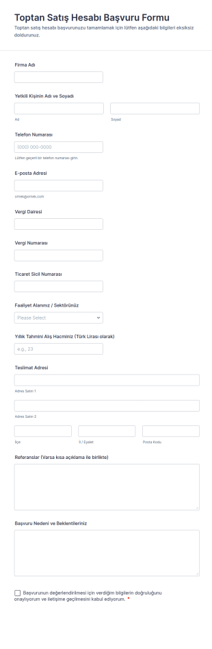 Toptan Satış Hesabı Başvuru Form Şablonu