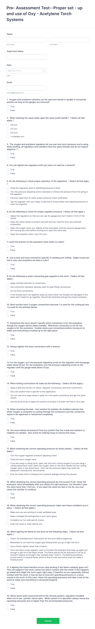 Oxy Acetylene Torch Pre Assessment Form Template