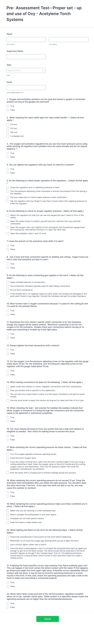 Oxy Acetylene Torch Pre Assessment Form Template