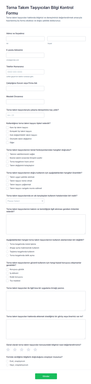 Torna Ayna Takım Ucu Yerleşimi Değerlendirme Anketi Form Şablonu