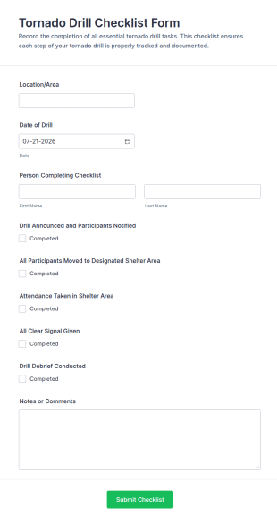 Tornado Drill Checklist Form Template