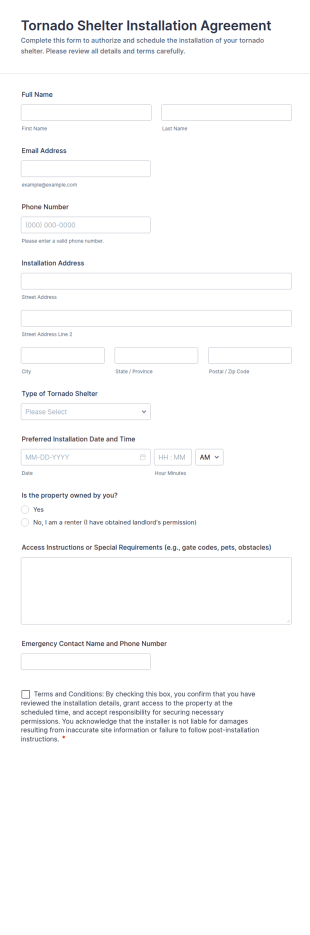 Tornado Shelter Installation Agreement Form Template